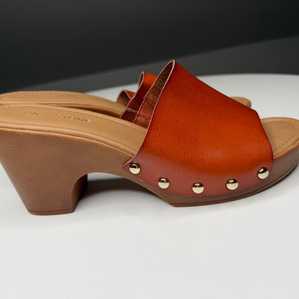 Sun + Stone Brown Platform Mule Clogs Sz 10 Boho Festival Wooden Heel Slides - Picture 2 of 7